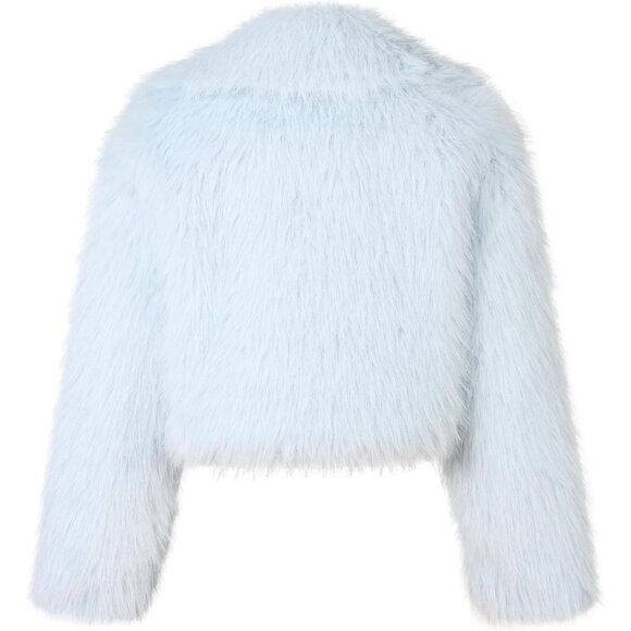 Women's Faux Fur Crop Lapel Jackets Open Front Long Sleeves Pockets Light Blue - Picture 3 of 5
